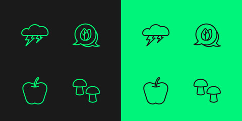 Set line Mushroom, Apple, Cloud and lightning and Leaf icon. Vector