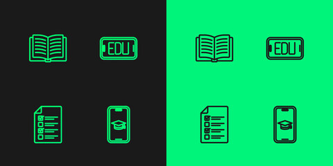Set line Graduation cap on mobile, Online quiz, test, survey, Open book and education icon. Vector