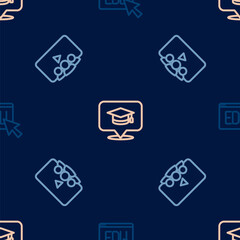 Set line Online education, class and Graduation cap speech bubble on seamless pattern. Vector