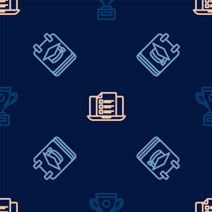 Set line Award cup, Online education and quiz, test, survey on seamless pattern. Vector