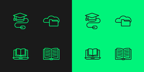 Set line Open book, Online class, Graduation cap with mouse and Cloud or online library icon. Vector
