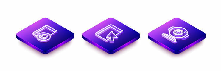 Set Isometric line Audio book, Online and Web camera icon. Vector