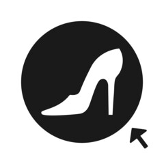 Shoe icon. High heeled female shoes, black circle, cursor arrow for online shop, flat design. White background. Vector