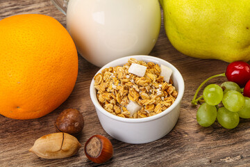 Breakfast with granola and milk