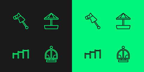 Set line Attraction carousel, Sport horizontal bar, Toy horse and Sandbox with sand icon. Vector