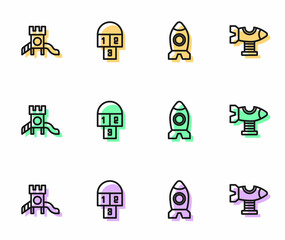 Set line Rocket ship toy, Slide playground, Hopscotch and Swing plane icon. Vector