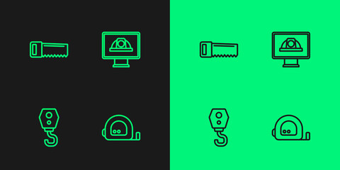 Set line Roulette construction, Crane hook, Hand saw and Worker safety helmet icon. Vector