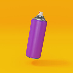 Purple can of paint sprayer with an open lid on a yellow background, 3d render