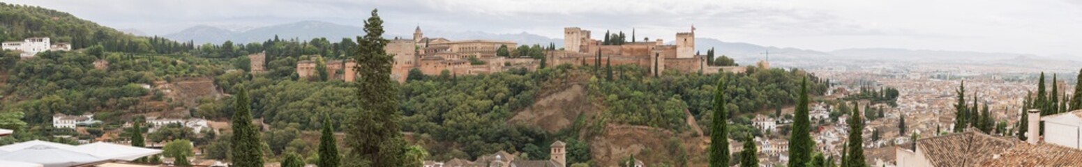 Fototapeta na wymiar Full panoramic exterior at the Alhambra citadel, view Viewpoint San Nicolás, a palace and fortress complex located in Granada, Andalusia, Spain