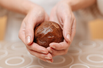 Female hands with ginger dark dough with cinnamon close-up. Concept of baking for christmas.