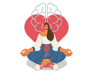 Woman meditating Mentally healthy exercise yoga pose with heart and brain. Vector design illustrations isolated.  
