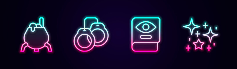 Set line Witch cauldron, Handcuffs, Ancient magic book and Magical glitter particles. Glowing neon icon. Vector