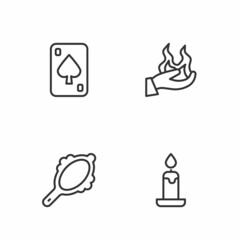 Set line Burning candle, Magic hand mirror, Playing cards and Hand holding fire icon. Vector