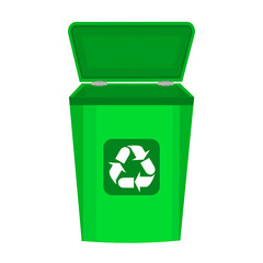 Recycle bin isolated on white background. Empty rubbish container with reuse use sign. Blank green trash can with recycle waste symbol. Rubbish box front view.Garbage dustbin.Stock vector illustration