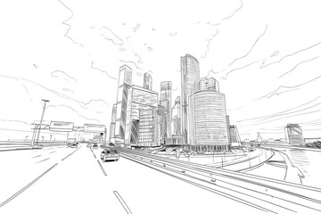 Russia. Moscow city. Hand drawn sketch. Business Center. Vector illustration.