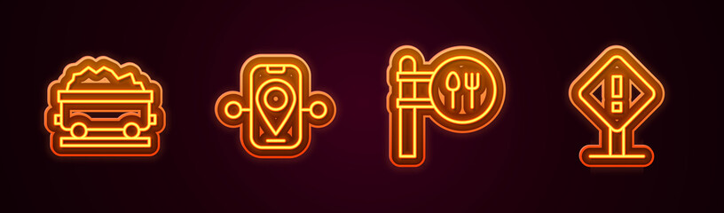 Set line Coal train wagon, Route location, Cafe and restaurant and Exclamation mark square. Glowing neon icon. Vector