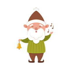 Little gnome carols with a bell. Happy Santa helper in a cute winter hat and green sweater. Christmas elf sings a song. Holiday cartoon character for the New Year.
