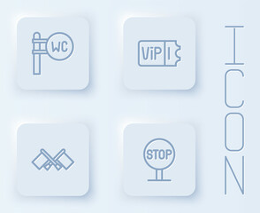 Set line Toilet, Train ticket, Flag and Stop sign. White square button. Vector