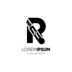 Letter R Stationery Knife or Paper Cut Logo Design Vector Graphic Icon Emblem Illustration Background Template