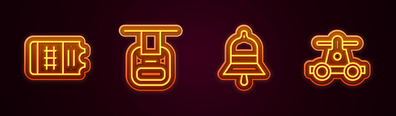 Set line Train ticket, Cable car, station bell and Handcar transportation. Glowing neon icon. Vector