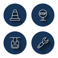 Set line Traffic cone, Stop sign, Cable car and Wrench spanner with long shadow. Blue circle button. Vector