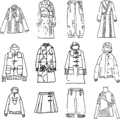 a set of fashion production rough sketches for the latest fall winter, ladies' casual wear, woven and knitted top and bottom, skirt pants, short sleeve jacket and vest ,front view, flat vector.