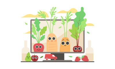 Illustration de landing page pour site web, vente en ligne de produits frais bio, légumes et fruits, agriculture locale et responsable, dessin mignon et fun, conseils de jardinage