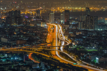 Fototapeta na wymiar aerial view of bangkok architectures in smart city for technology background. Skyscraper buildings in Bangkok City at night, Thailand 