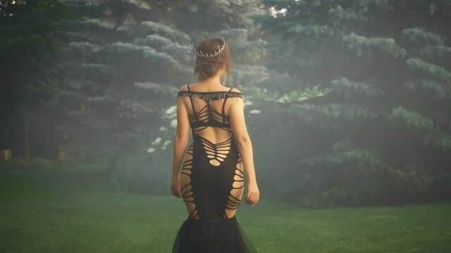 Silhouette gothic woman queen. Rear view sexy back, no face. Long black erotic tight-fitting dress. Silver crown diadem. Backdrop magic fog, smoke green grass tree spruce. Girl princess fashion model