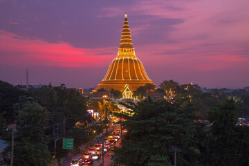 Time lapse of aerial view of Phra Pathom Chedi stupa temple in Nakhon Pathom near Bangkok City, Thailand. Tourist attraction. Thai landmark architecture. Golden pagoda at sunset.