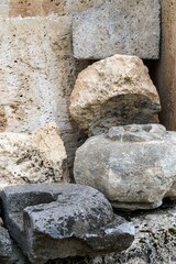 Armenia, Haghartsin, September 2021. Stone details of the ruins of an old monastery.
