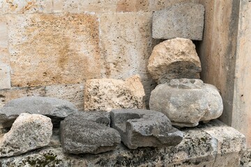Armenia, Haghartsin, September 2021. Treated stones at the wall of the monastery.