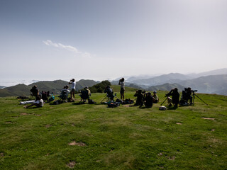Group of ornithologists looking at birds on a mountain top