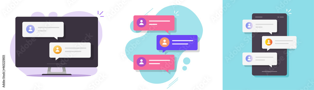 Poster chat text messages online notices via cell phone and computer screen or chatting bubble speeches bal