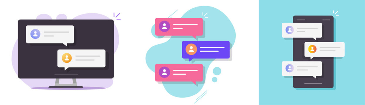 Chat text messages online notices via cell phone and computer screen or chatting bubble speeches balloons notifications isolated on laptop and smartphone vector flat cartoon modern illustration