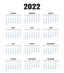 2022 annual calendar. Vector illustration
