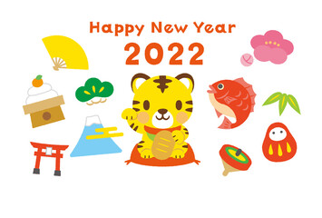 かわいいトラの招き猫の年賀状2022年　Cute Tiger 2022 New Year Greeting Card Template