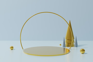 3d render of gold podium, circle arch and cone Christmas trees with golden spheres on a blue background