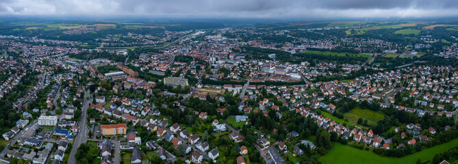 Aerial view of the city Zweibrücken on a cloudy day in summer