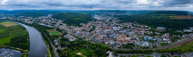 Aerial view of the city Merzig on a cloudy day in summer