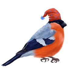 Digital Christmas card with Christmas wild bird. White background.