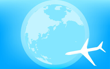 青く光る地球（ユーラシア大陸と太平洋）と飛行機 - obrazy, fototapety, plakaty