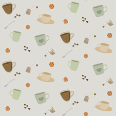 Coffee cups, tea cups, seamless pattern design 