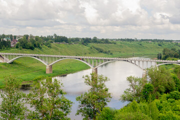 Arched road bridge over the Volga in Staritsa, Tver region, Russia