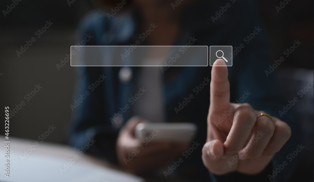 Aufkleber seo search engine optimization concept. women using mobile smart phone searching information data on