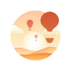 Illustration of vintage hot air balloon with in the sky, sunrise and hills. Silhouette of aerostat. Vector gradient image of balloons with baskets for stickers and postcards.