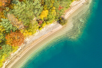 Aerial view of coastline in mixed autumn forest