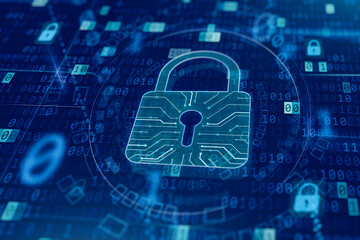Cyber security concept and data protection. GDPR and safe internet concept.  Digital lock on blue glowing background.