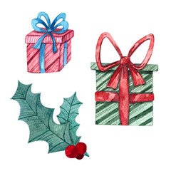 Watercolor illustration with gifts and a sprig of Holly, isolated illustration on a white background. Christmas illustration for postcards, posters, decorations.