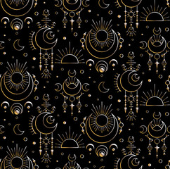 Seamless golden moon esoteric pattern. Contour space sacred pattern. Vector magic texture with stars, crescent and sun on a black background. Luxurious witchcraft ornament.